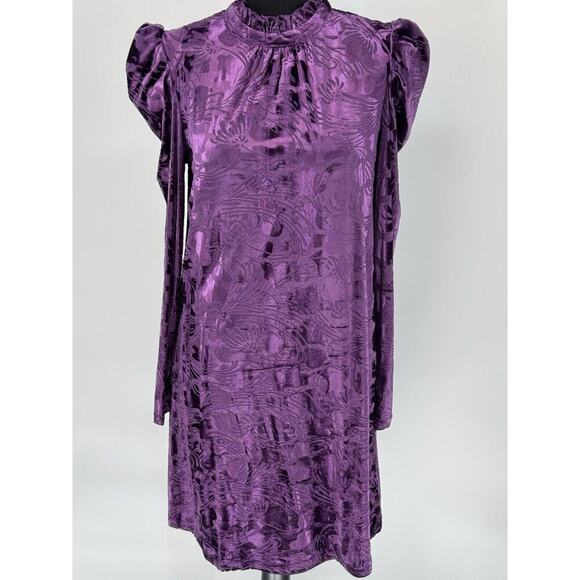 NWT ModCloth Purple Velvet Burnout Noveau Shift Dress Womens M High Neck Ruffle - Picture 1 of 12